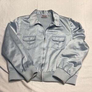 Bill Blass Jeans Vintage Satin Bomber Jacket Light Blue Zip Up Collared Womens